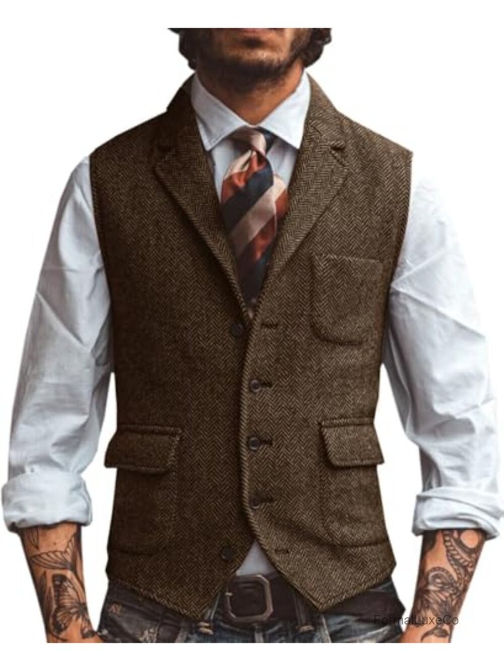 Mens Wool Blend Herringbone Tweed Suit Vest Lapel Waistcoat Button Front